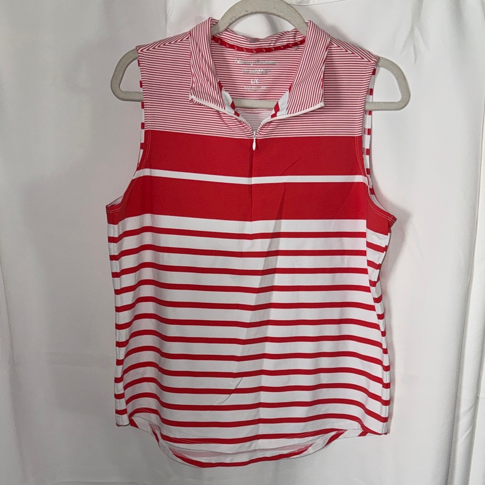 Tommy Bahama Island Zone Sleeveless Golf Shirt Women Large Coral  x White Stripe